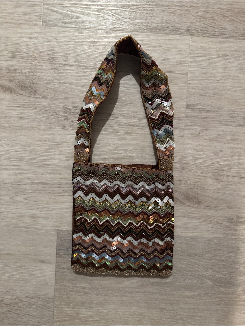 Embellished Chevron Sequin Shoulder Bag - Brown Multi
